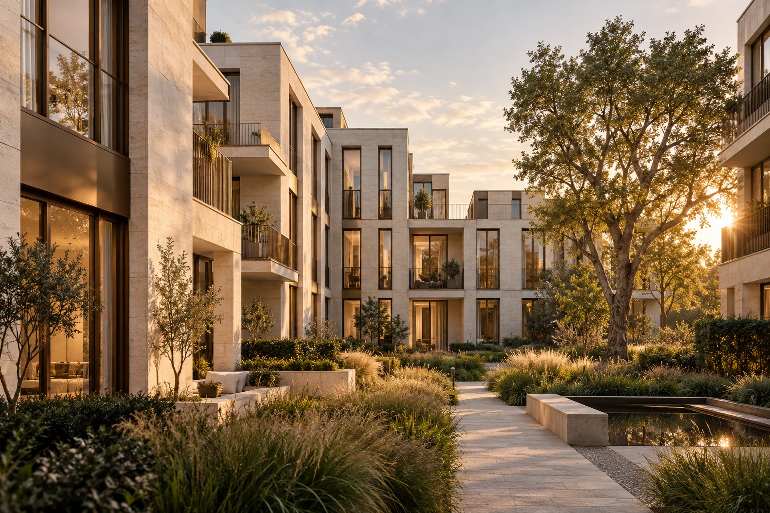Woningen rond een groene binnentuin — sfeerbeeld